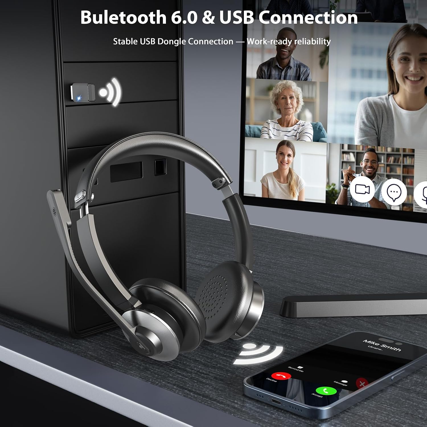 Wireless Headset with Microphone, AI Noise Cancelling Mic Headset for Work - Image 4