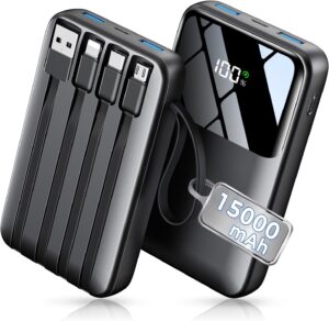 HELLEE 15000mAh Portable Charger Power Bank, 45% Smaller Built-in 4 Cables